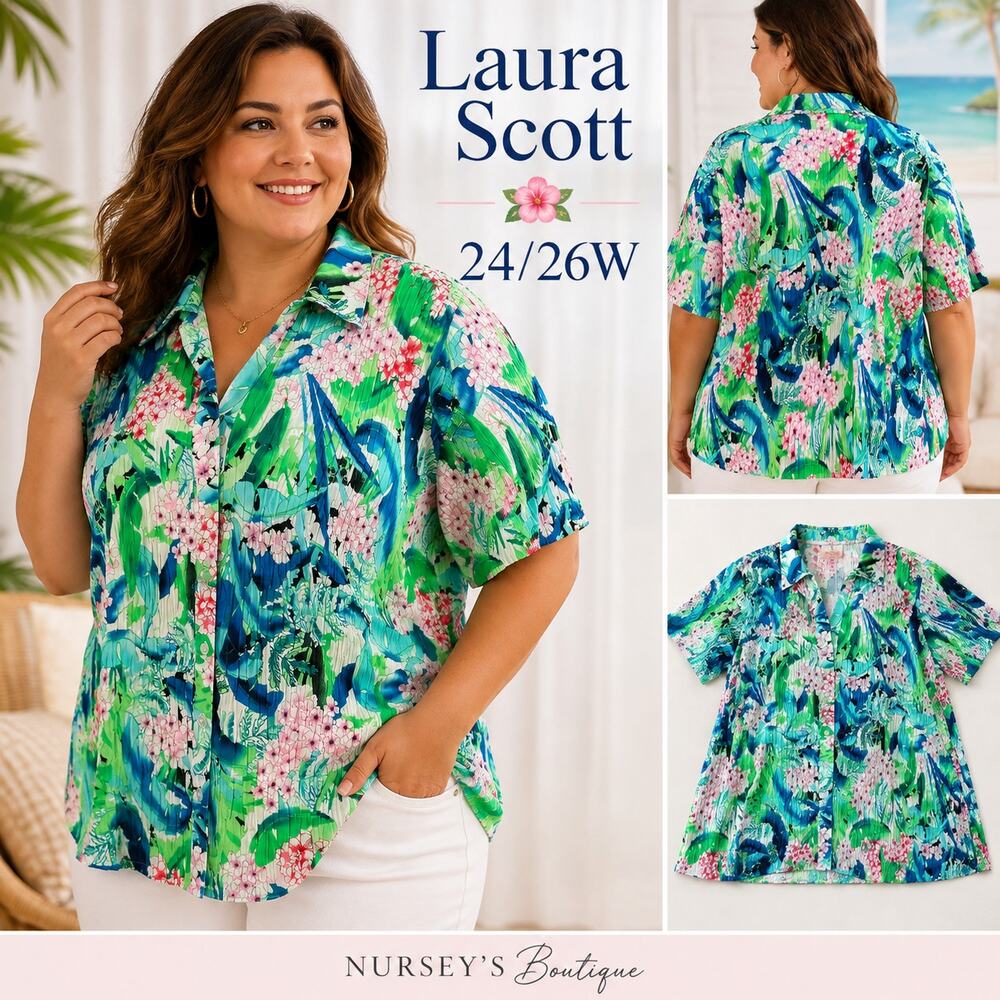 Laura Scott Woman 24/26W Floral Crinkle Button Front Blouse Plus Size